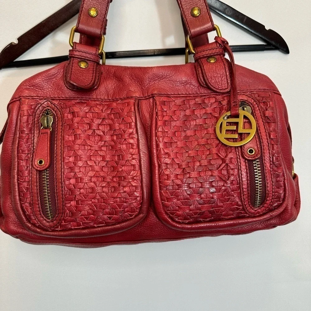Elliott Lucca Womens Leather Hobo Handbag Shoulder Bag Weave Pockets Burgundy